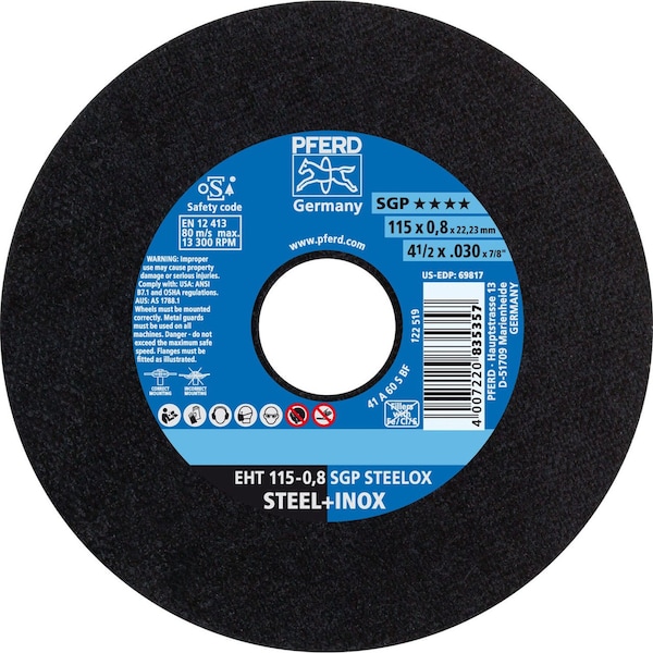 Pferd 69817 4-1/2in x .030in Cut-Off Wheel, 7/8in AH X-SLIM A 60 S SGP-INOX 69817-PFERD - main